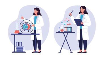 Scientist conducting experiments in laboratory with flat design art vector