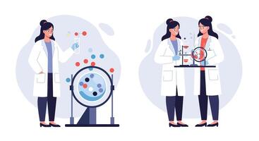 Scientist exploring reactions in laboratory with colorful elements flat art vector