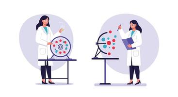 Scientist working with molecular model changing to data analysis in flat illustration vector