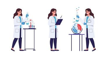 Scientist conducting experiments with lab equipment in minimal art illustration vector