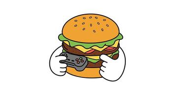 Burger character holding a gaming controller in flat art style vector