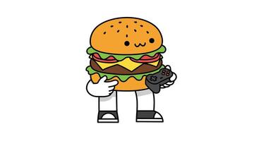 Hamburger character holding a gaming controller in flat illustration style vector