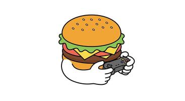 Cartoon burger character holding a game controller in flat art style vector