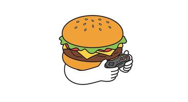 Hamburger character holding a game controller in flat art style vector