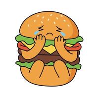 Sad burger character with hands on face in flat art style illustration vector