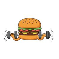 Hamburger lifting weights in a fun and colorful flat art style illustration vector