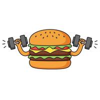 Hamburger lifting dumbbells in a playful flat design style art vector