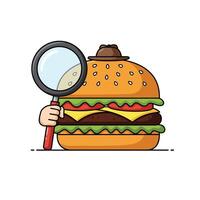 Hamburger character with magnifying glass in flat design art vector