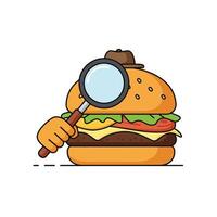 Hamburger character holding a magnifying glass in a flat art style vector