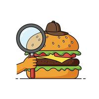 Magnifying glass focusing on a hamburger in flat and colorful art vector