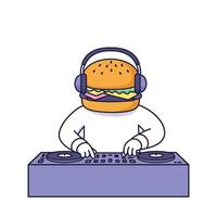 Hamburger with headphones DJing at a turntable in a flat art style vector