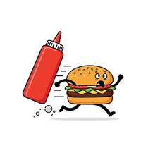 Hamburger character running away from ketchup bottle in vibrant flat art vector