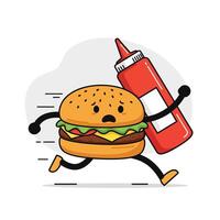 Running hamburger character with ketchup bottle in minimal flat art vector