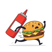 Hamburger character running with ketchup bottle in flat art vector