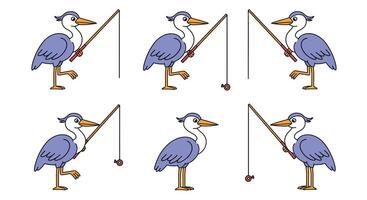 Heron fishing with rod in flat style art with playful animation frames vector