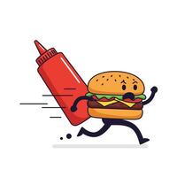 Animated hamburger character running with a ketchup bottle in flat art vector