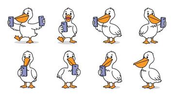 Duck character progression in playful poses featuring flat design art vector