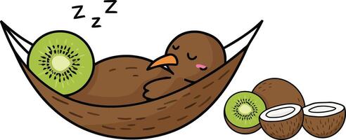 Cute bird relaxing in hammock with kiwi slices in flat illustration vector