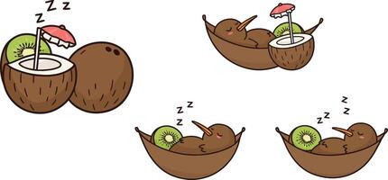 Cute birds sleeping in coconut shells with kiwi slices in flat art vector