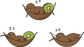 Cute kiwi bird relaxing in a hammock with kiwi fruit in flat art vector