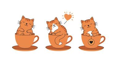 Cute cats sitting in cups with playful expressions in minimal flat art vector