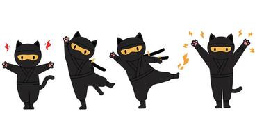 Playful black cat ninja in flat illustration with dynamic poses and expressive movements in four frames vector