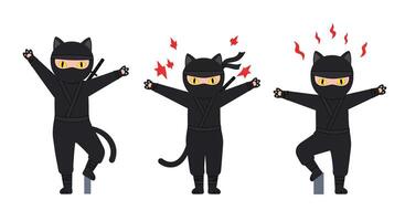 Cat ninja performing dynamic poses in flat art style showcasing agility and action illustration vector