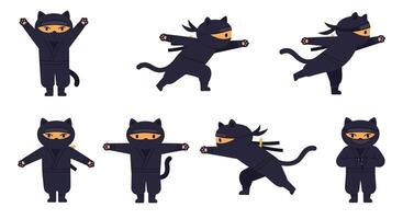Cat ninja character poses in flat design style for dynamic art vector