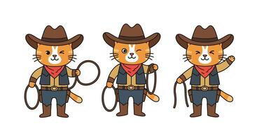 Cat in cowboy outfit performing different actions in flat art vector