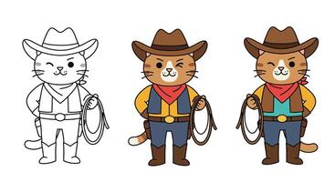 Cat character transformation in detailed cowboy attire with vibrant colors and playful expressions illustration vector
