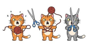 Cats in playful action with yarn and scissors in flat art vector