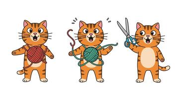 Playful cat character with yarn and scissors in flat art style vector