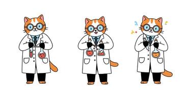 Cat scientist character transformation with colorful elements in flat art style illustration vector