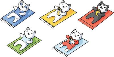 Cats lounging on colorful mats in playful flat illustration vector
