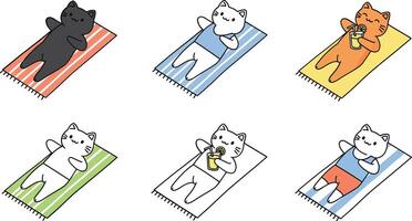 Cute cats relaxing on beach towels in minimal flat art vector