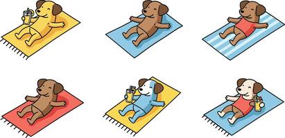 Cute dog enjoying sunbathing on colorful towels in flat art vector