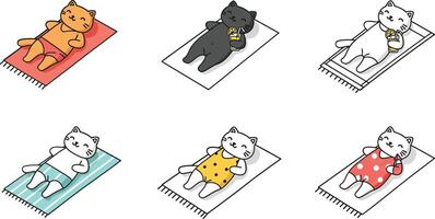 Cats lounging on colorful mats in flat art style showcasing various colors and patterns in illustration vector