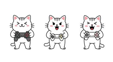 Playful cat character progression with game controllers in minimal illustration vector
