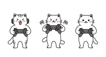 Cute cat characters with game controllers in flat illustration style vector