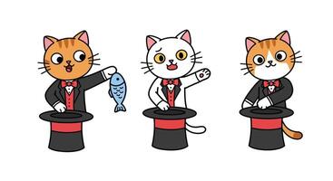 Cats performing magic tricks in and flat cartoon style art vector