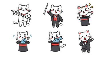 Cute cat magician performing tricks in minimal flat style art vector