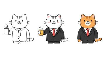 Cat character transformation from outline to color in flat illustration vector