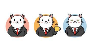 Cat character in business attire changing expressions in flat art vector