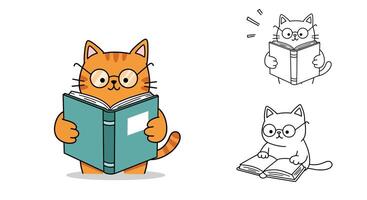 Cute orange cat reading a book in flat and colorful art vector