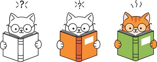 Cute cat reading books in three stages of emotion flat illustration vector