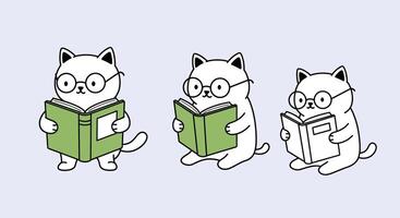 Cute cats reading books in minimal illustration with playful expressions and varying book colors art vector