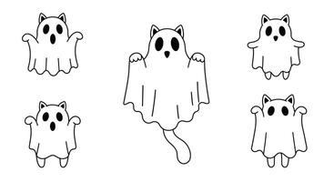 Cute ghost cat transformation in playful poses with minimal outline design art vector