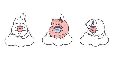 Cats relaxing on clouds in minimal style with heart mugs art vector