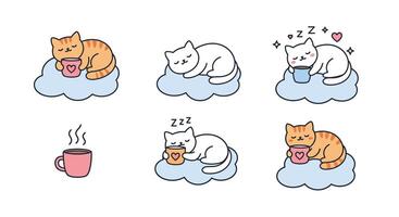 Cute cats resting on clouds in flat art style with coffee cups and dreamy expressions illustration vector