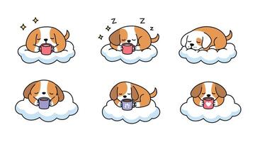 Cute sleeping dog on cloud enjoying drinks in flat art vector